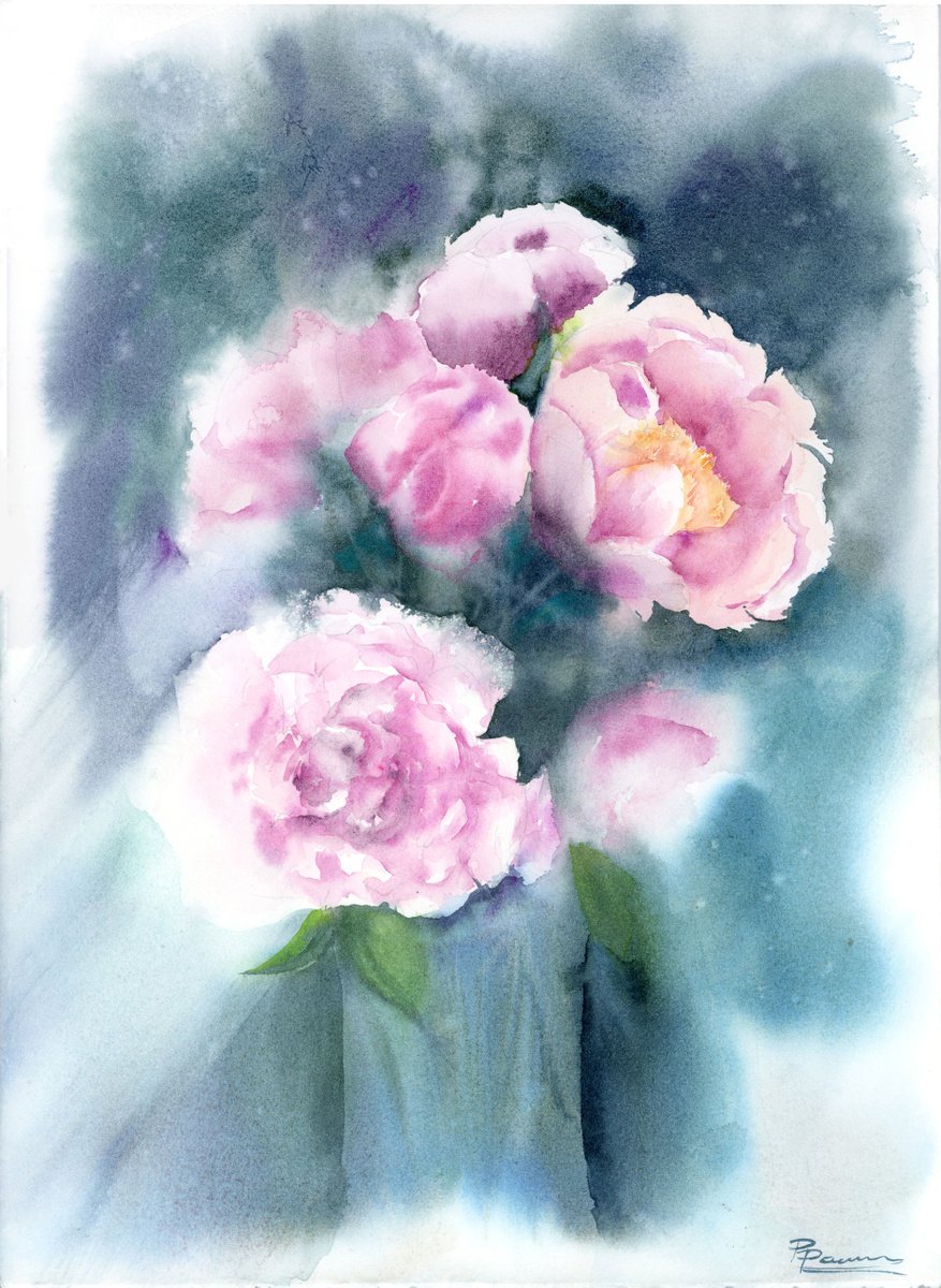 Impressionistic Botanical Watercolour By Olga Tchefranov (Shefranov), 11 X 15", Pink Peonies, Original Artwork
