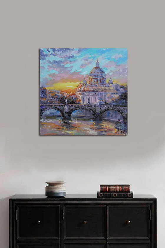 Painting Eternal City - Rome,  italy cityscape, Vatican, St. Angel's Bridge