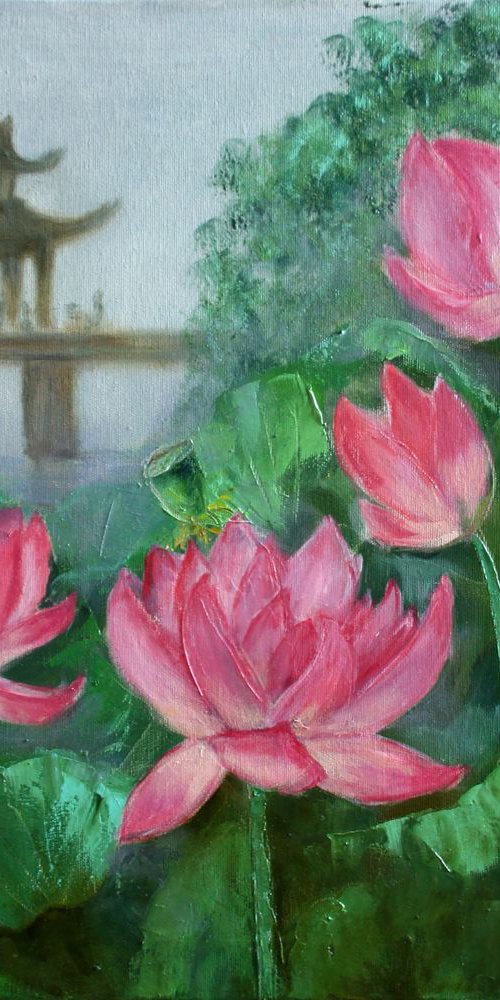Lotuses in the Park /  Painting created with a palette knife / ORIGINAL PAINTING by Salana Art Gallery