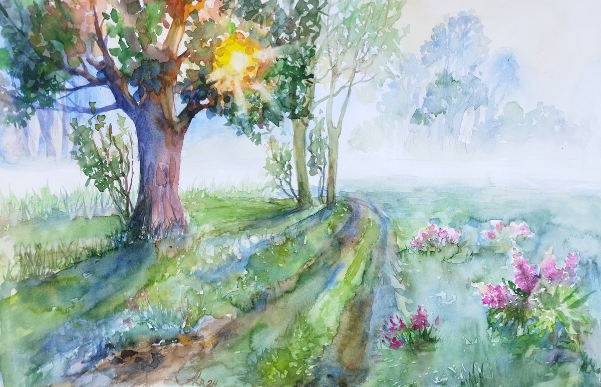 Impressionistic Landscape Watercolour By Ann Krasikova, 20 X 14, Morning Light And Mist, Original Artwork