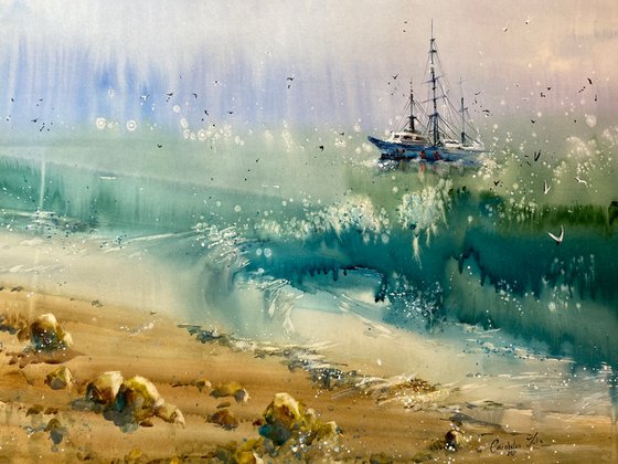 Sold Watercolor “The freshness of the sea” gift for him