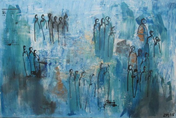 abstract blue People  Acryl and Oilpainting Collage on canvas  31,5 x 47,2 inch