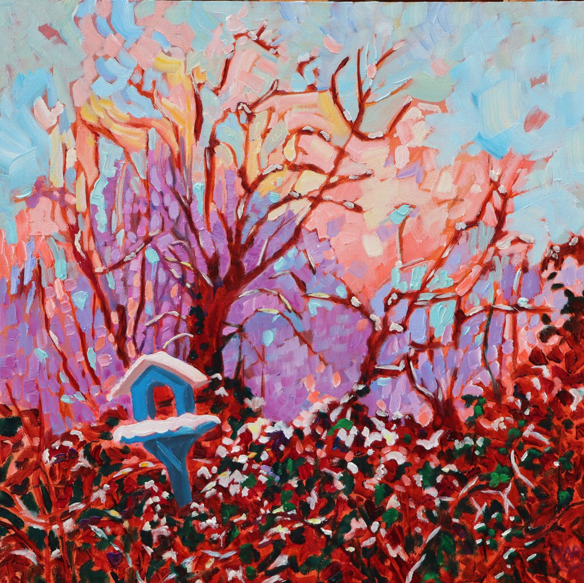 Impressionistic Landscape Oil Painting By Mary Kemp, 12 X 12", Snowy Shelter, Original Artwork