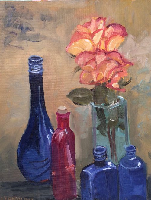Still life painting of Glass bottles and roses by Julian Lovegrove Art