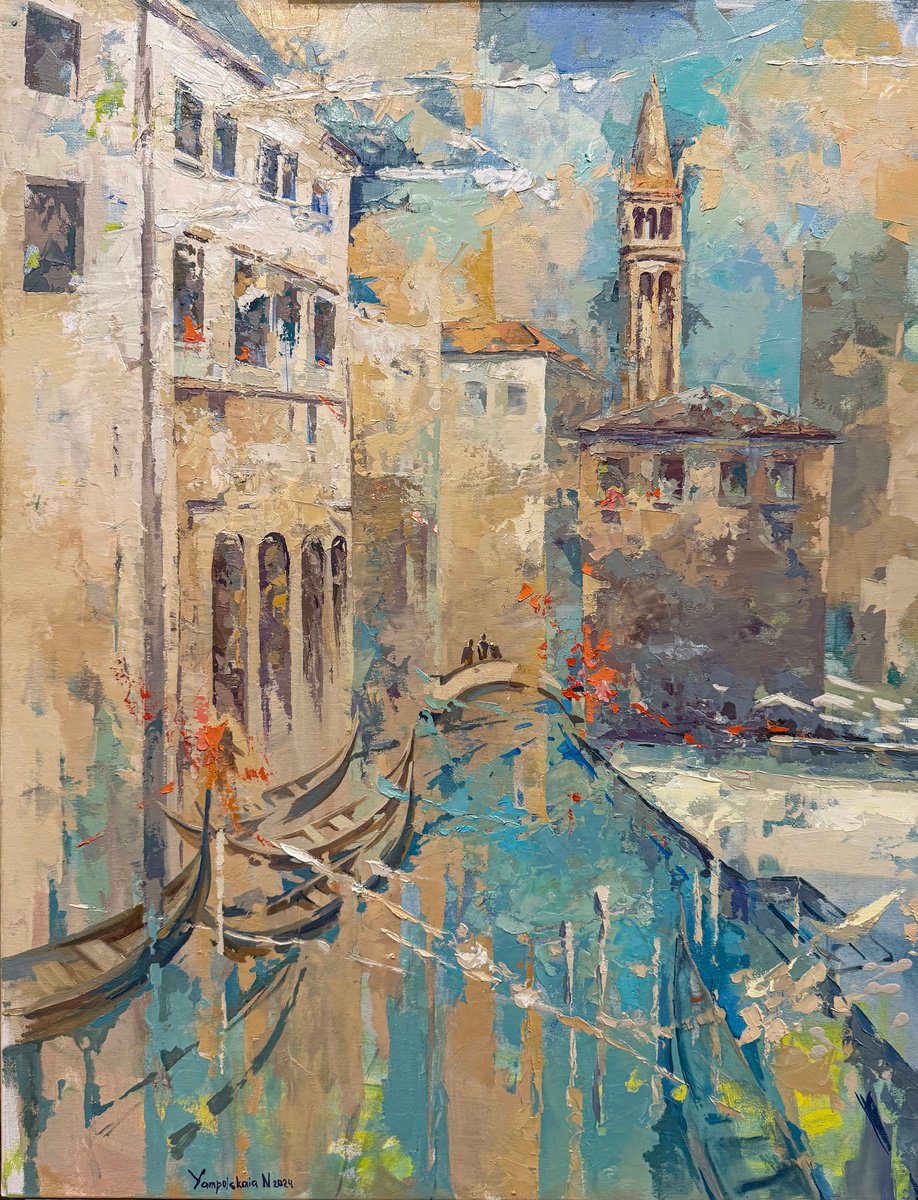 Impressionistic Landscape Oil Painting By Natalia Yampolskaia, 28 X 35", Silent Waters Of Venice, Original Artwork