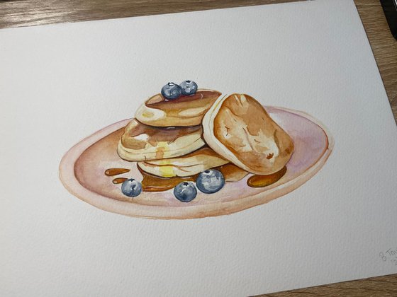 Pancakes and blueberries watercolour painting