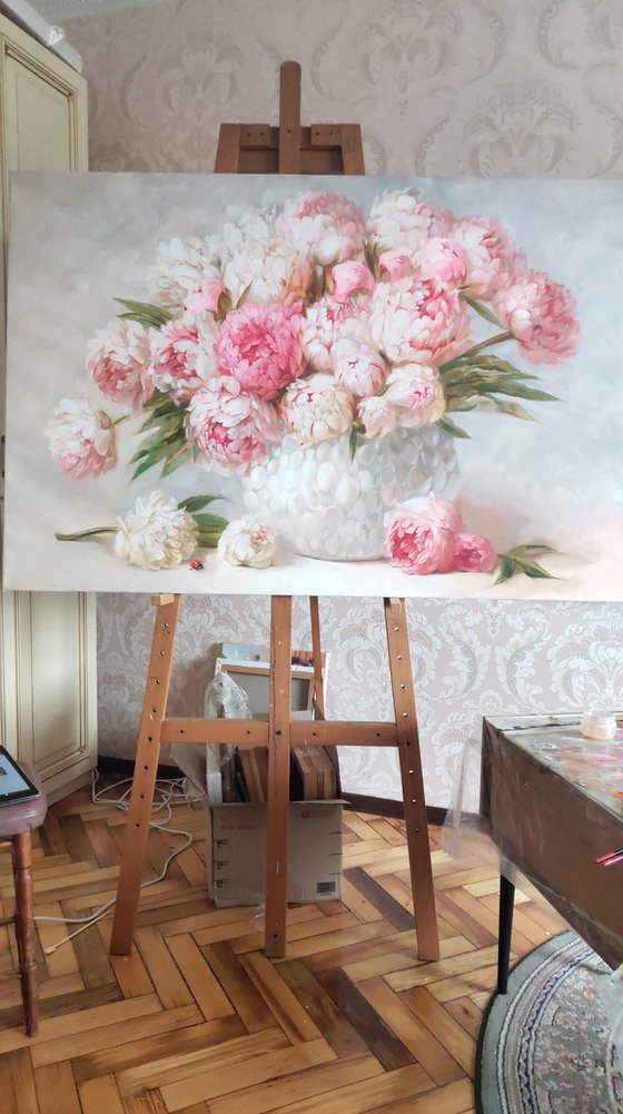 Peony painting, Extra Large floral oil paintings on canvas l, Peony flowers in white vase painting, Wide canvas wall art