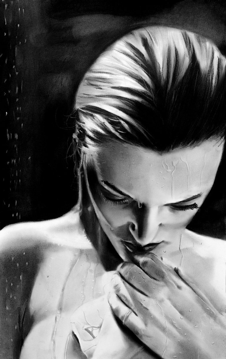 Photorealistic Portrait Charcoal Drawing By Denny Stoekenbroek, 15 X 24, In Silence, Original Artwork