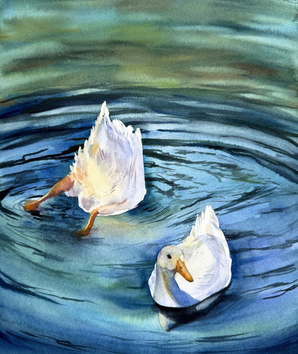 Impressionistic Animal Watercolour By Anna Lyashenko, 10 X 12, Two Happy Ducks, Original Artwork