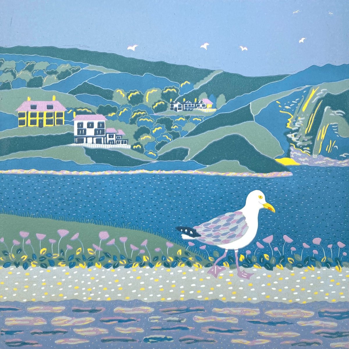 Landscape Linocut By Nathalie Pymm Art, 12 X 12", Walk Along The Wall, Original Artwork