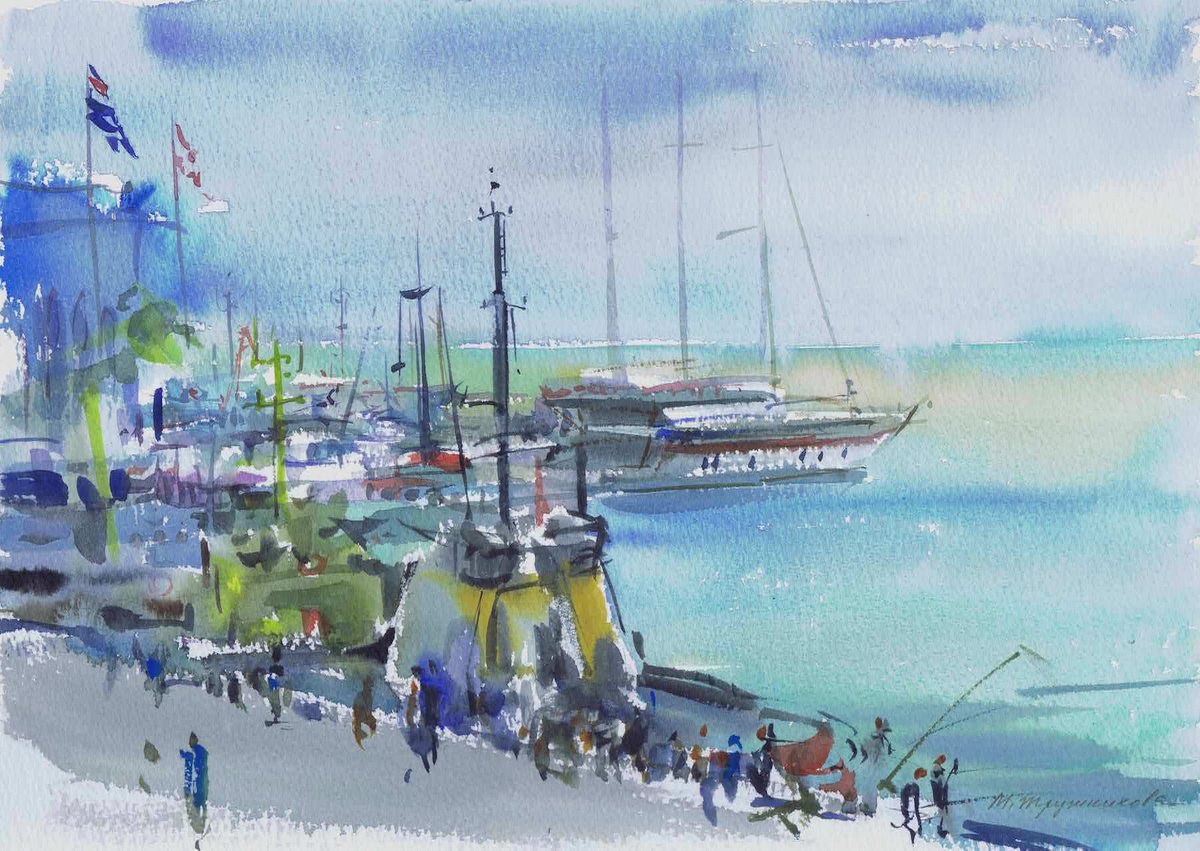 Port in Batumi. Georgia. Watercolour by Marina Trushnikova. Seascape, Plein air artwork, A... by Marina Trushnikova