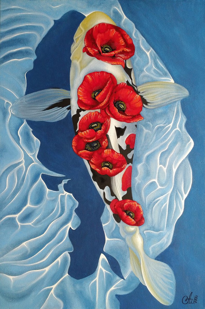 FIND YOUR WAY - koi fish oil painting on canvas, red poppies oil painting, rolled in tube by Anna Shabalova
