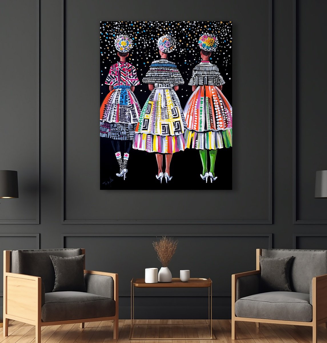 Abstract Portrait Acrylic Painting By Trayko Popov, 28 X 35", Whispers Of The Night Fiesta, Original Artwork