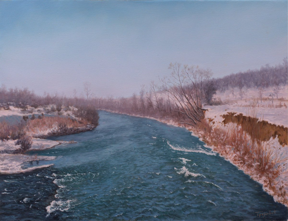 Impressionistic Landscape Oil Painting By Dejan Trajkovic, 30 X 24, A View From The Old Bridge In Winter, Original Artwork