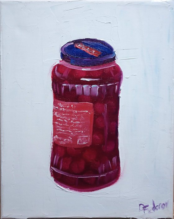 Still life with cherries in a glass jar