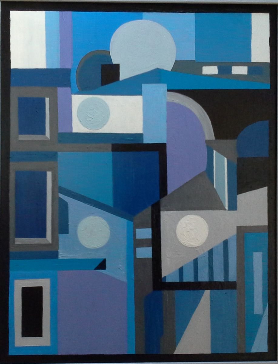 Geometric Abstract Oil Painting By Paul Heron, 18 X 22", Blue Elegy, Original Artwork