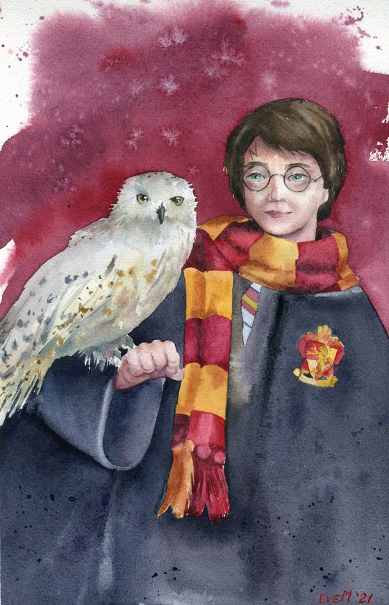 Harry Potter with the owl Hedwig. Hogwarts. Original watercolor artwork.