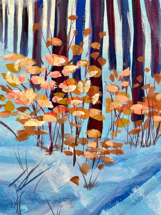 Original Gouache Painting, Snowy Forest Wall Art, Winter Trees Artwork, Rustic Home Decor