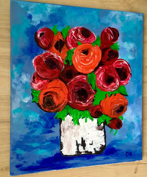 BOUQUET OF Red  Roses textured acrylic painting, palette knife artwork