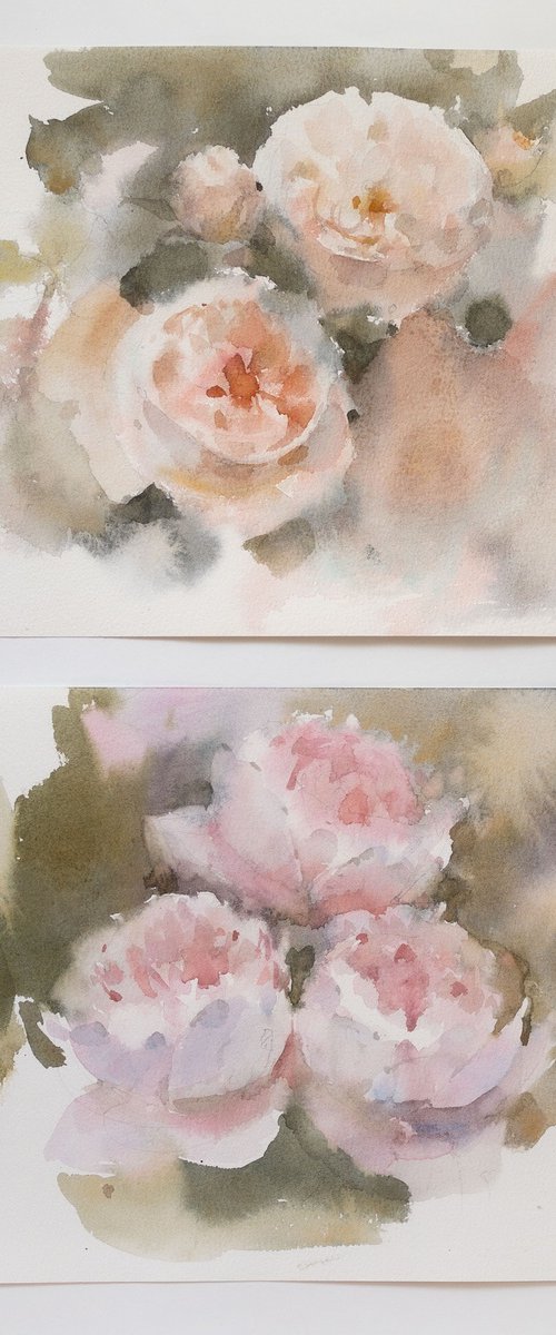Peonies and roses, Set of 2 paintings by Ekaterina Pytina