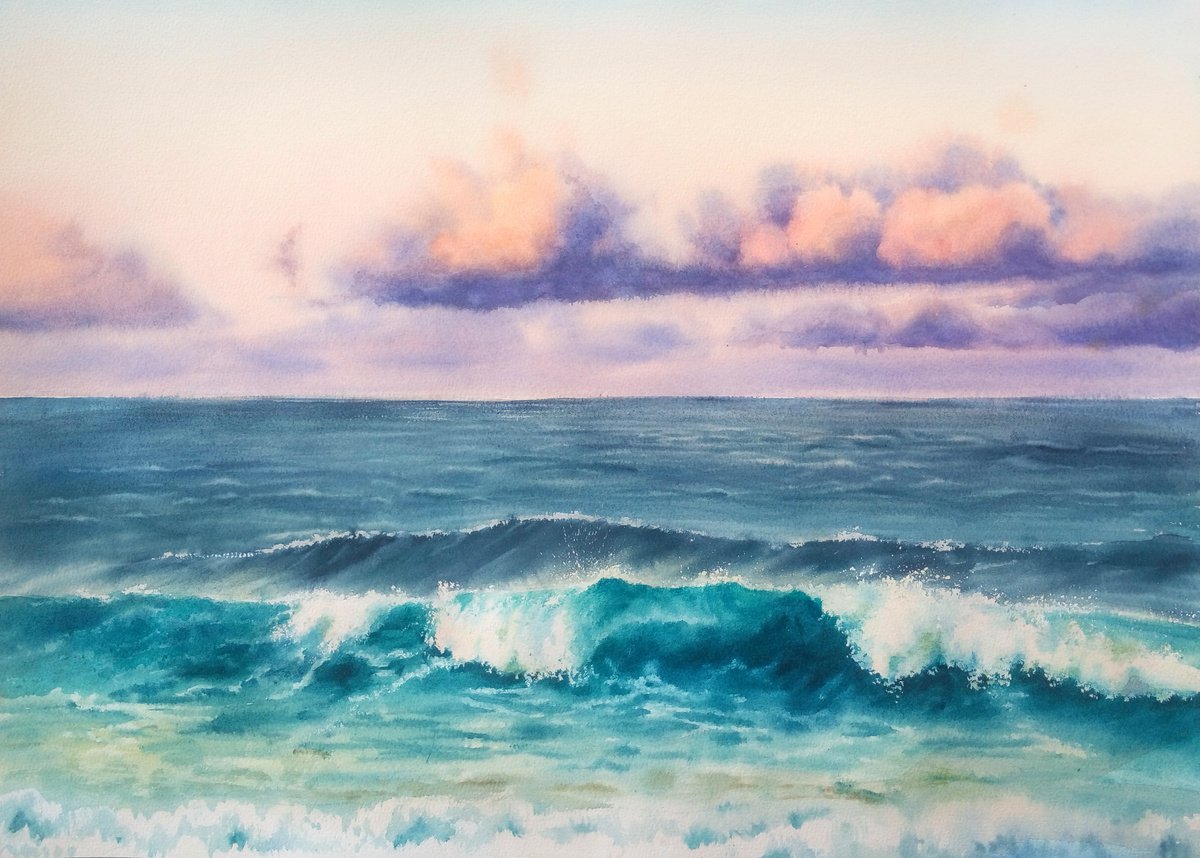Pacific Coastal Sunset Surf - coastal surf - Shoreline - Seascape - Sea sunset surf wave by Olga Beliaeva Watercolour
