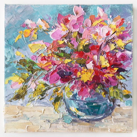 Wild flowers bouquet in vase. Impressionist small floral painting