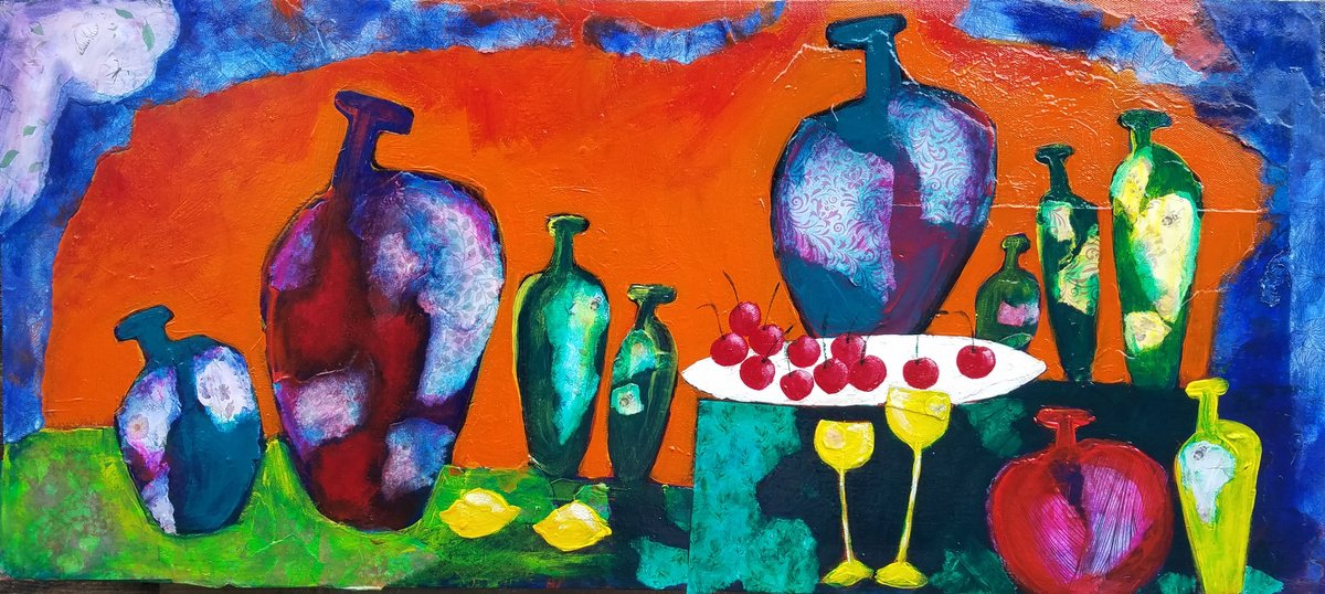 Naive Still Life Painting By Kevin Blake, 24 X 11", 11 Cherries, Original Artwork