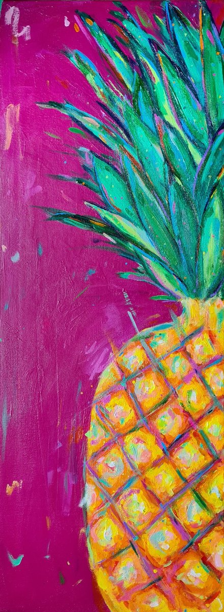 Impressionistic Still Life Acrylic Painting By Dawn Underwood, 12 X 31, Pineapple, Original Artwork