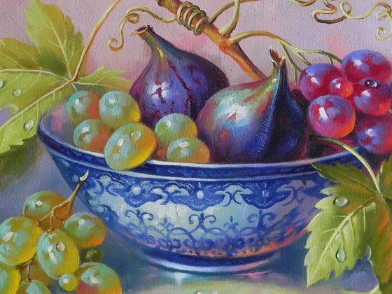 "Still life with fruit" OIL ON CANVAS ORIGINAL ART KITCHEN DECOR