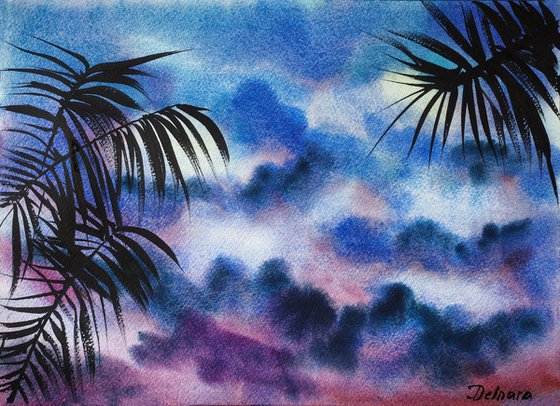 Tropical sunset - original watercolor, sky and palm leaves