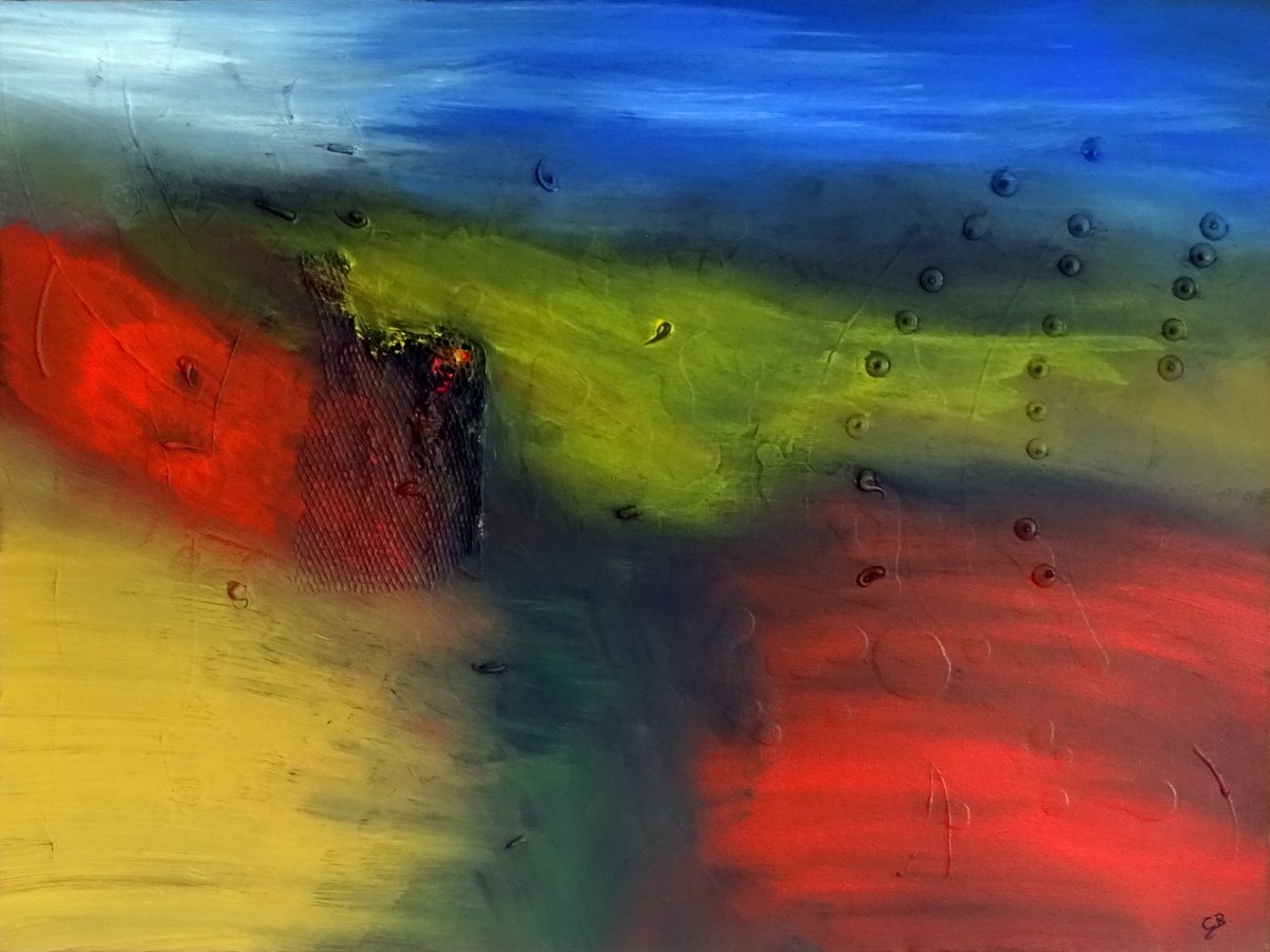 Abstract Landscape Acrylic Painting By Cb., 34 X 26, Jailed In A Doted Landscape, Original Artwork