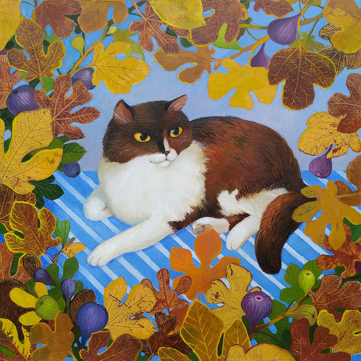 Naive Animal Oil Painting By Margot Raven, 20 X 20", A Cat Named Beauty, Original Artwork