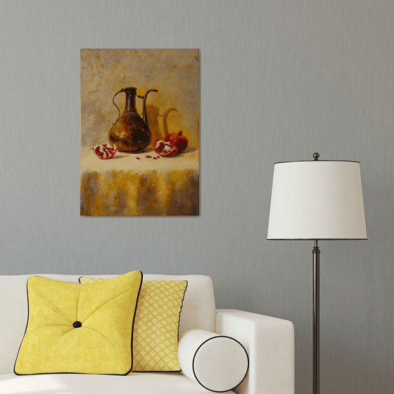 "Still life with an old jug"  pomegranat still life fruit  liGHt original painting  GIFT (2019)