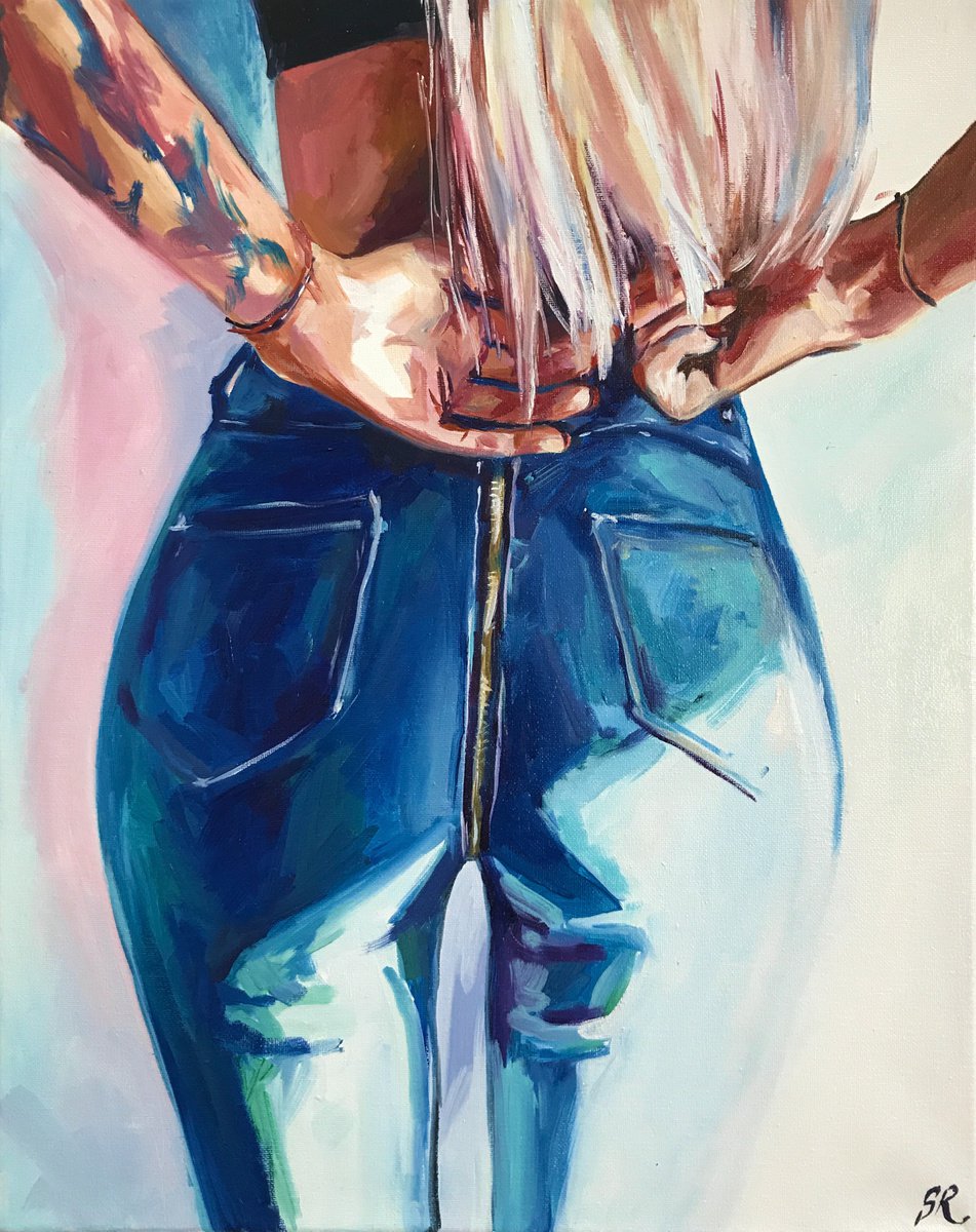 BLONDE MOMENTS - pop art oil painting, original gift, jeans, blue sky, azure, cobalt, girl... by Sasha Robinson