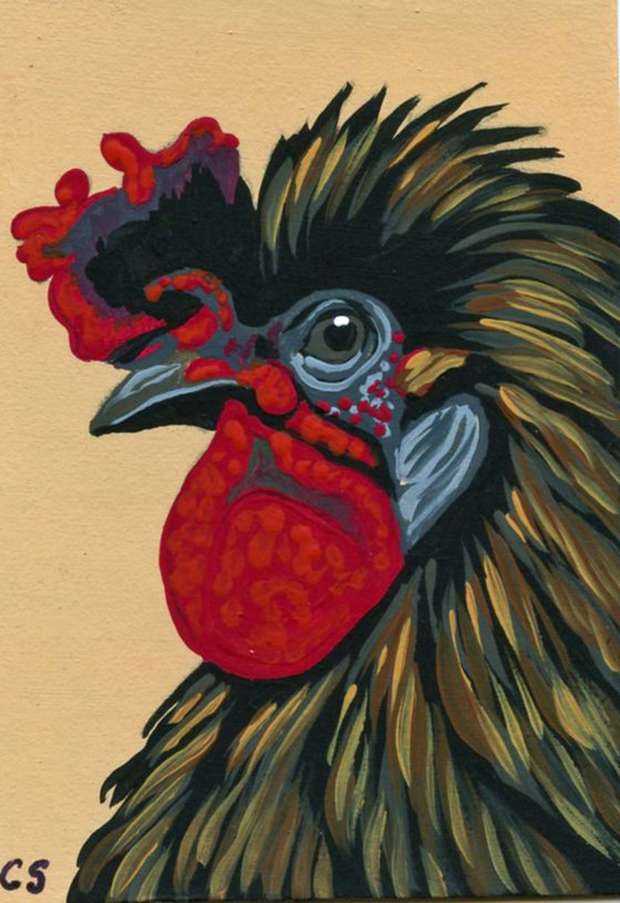 ACEO ATC Original Miniature Painting Fancy Brown Chicken Farmyard Art-Carla Smale