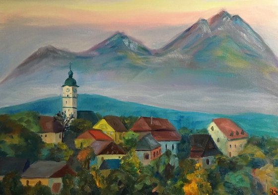 Oil painting Slovak town in mountains