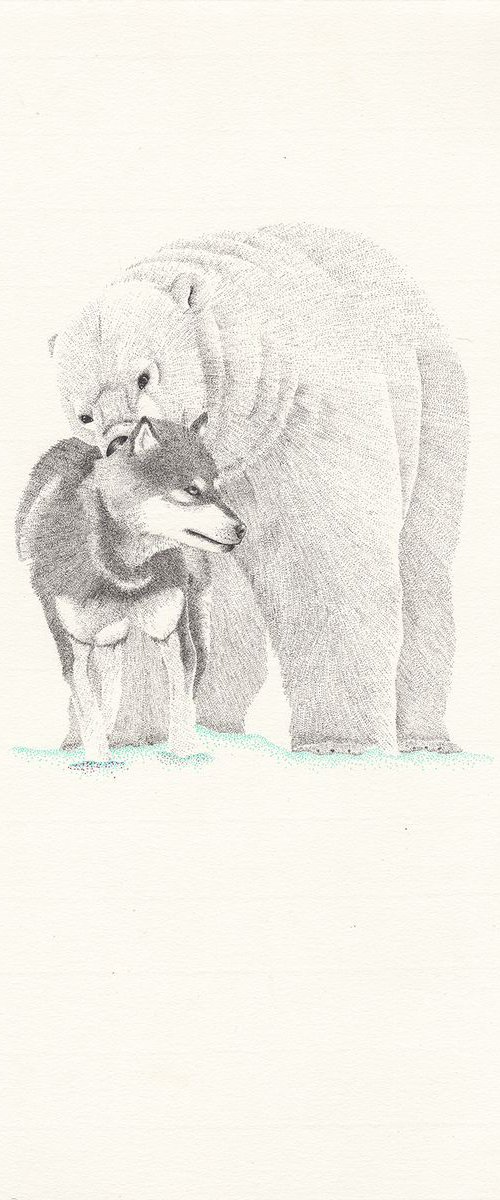 Winter - Polar bear and snow dog stippling drawing by Kelsey Emblow