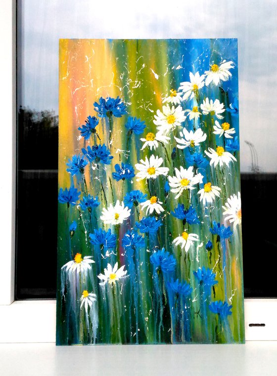 Daisy Painting Floral Original Art Cornflowers Oil Artwork Camomile Painting Meadow Wild Flowers Home Wall Art 12 by 20" by Halyna Kirichenko