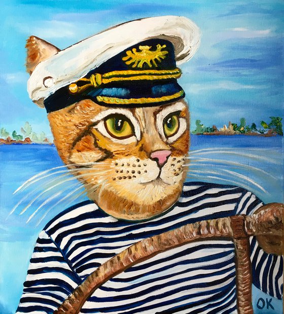 Troy The  Cat- Captain  oil painting for cat lovers.