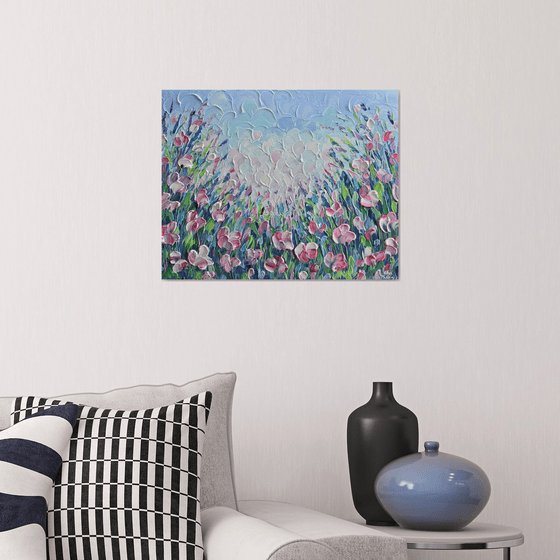 Pink flower field 16"x20" - Impasto acrylic painting