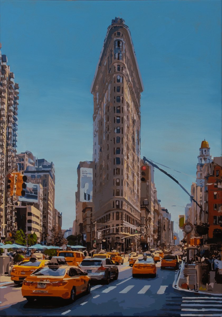 Photorealistic Cityscapes Acrylic Painting By Marco Barberio, 28 X 39", Flatiron In Motion, Original Artwork