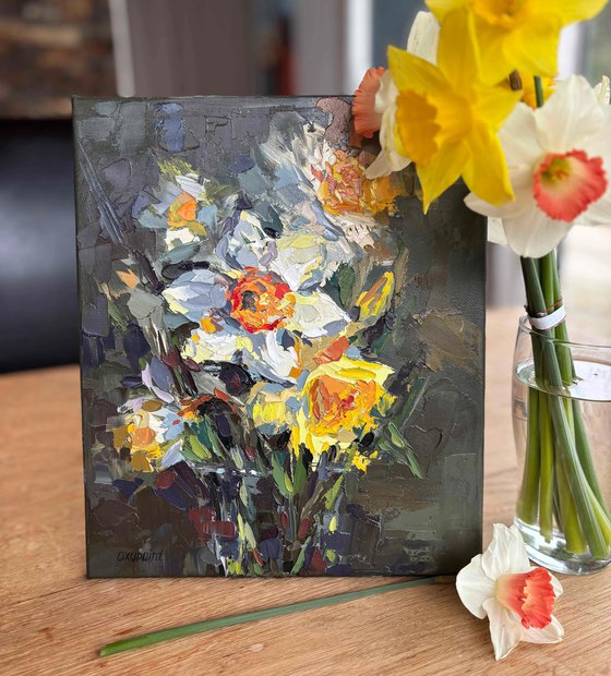 "Daffodils" palette knife oil painting
