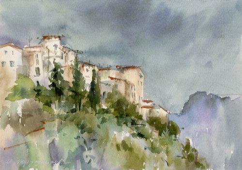 Sperlonga. Town on a hill. Watercolour by Marina Trushnikova. Landscape, Plein air artwork, A4 watercolor. by Marina Trushnikova