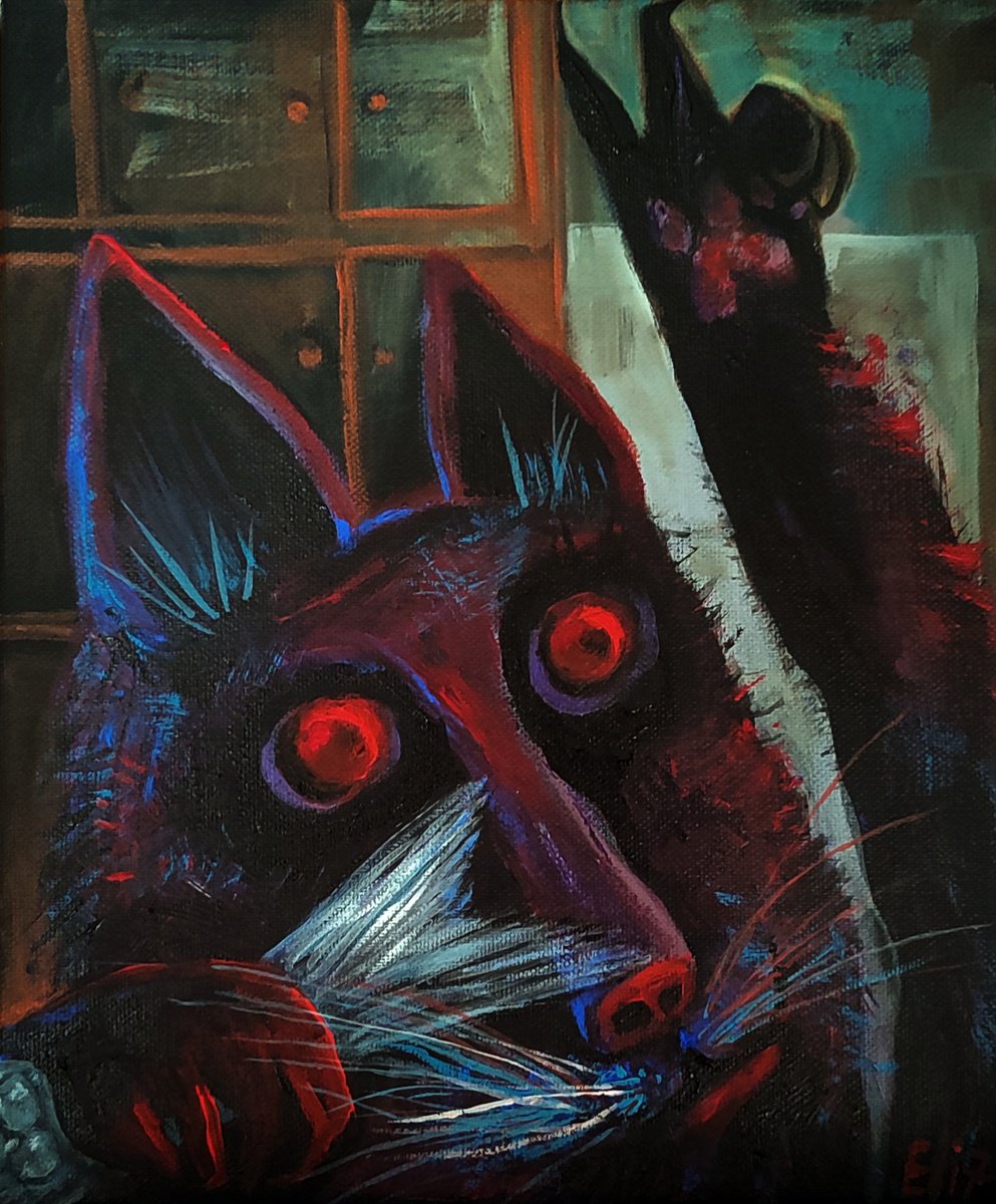 Expressive Animal Acrylic Painting By Elisheva Nesis, 10 X 12, Night. Win-Win!, Original Artwork