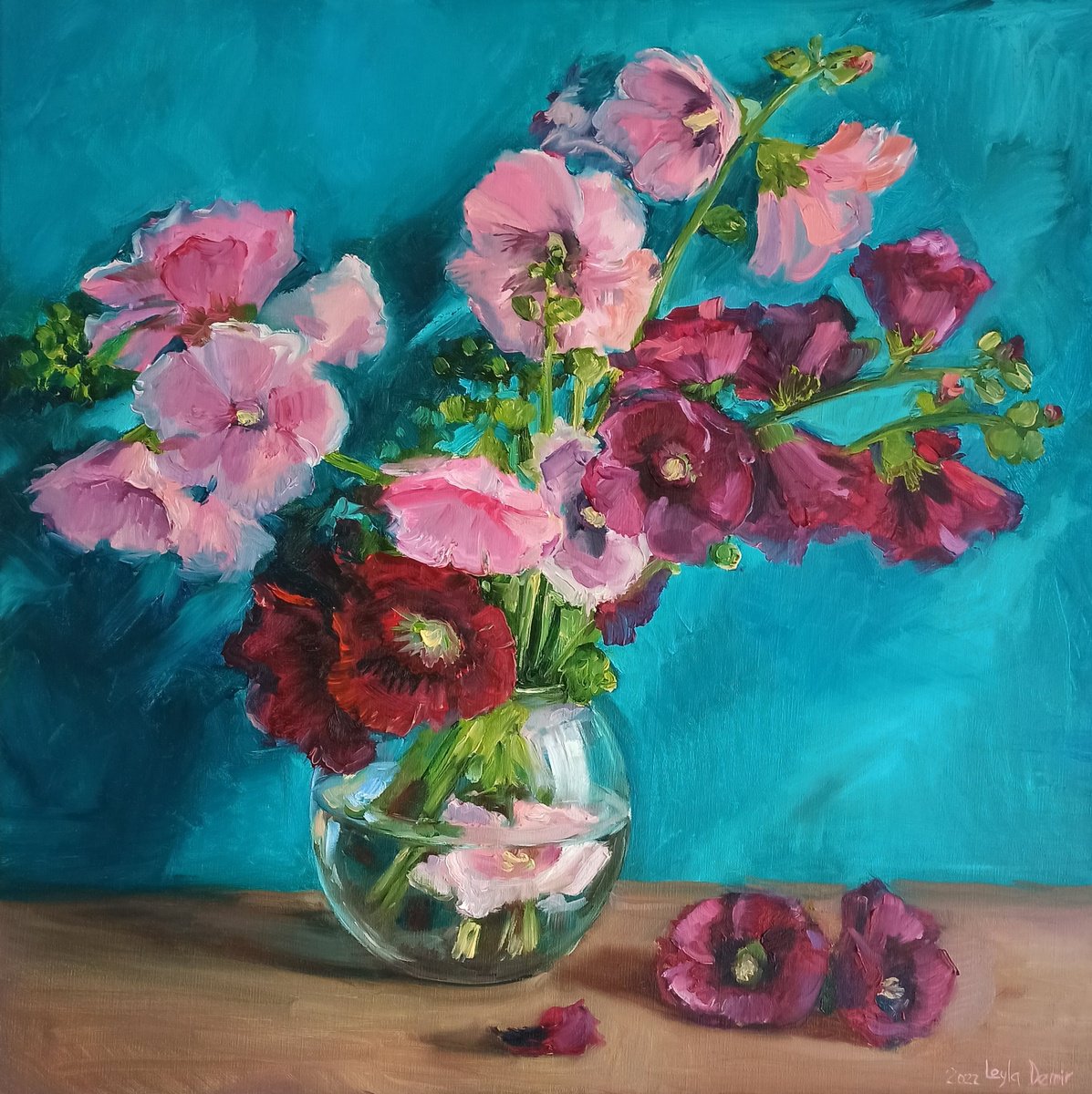 Impressionistic Botanical Oil Painting By Leyla Demir, 24 X 24", Hollyhocks Pink Mallows Flowers, Original Artwork