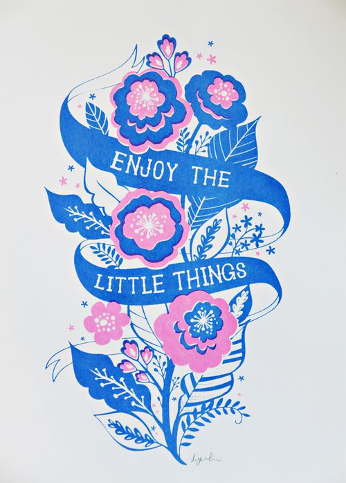 Enjoy The Little Things, Inspirational Quote Floral Art Print by DoodleDuck Designs