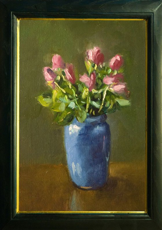 Pink Roses in Blue Vase