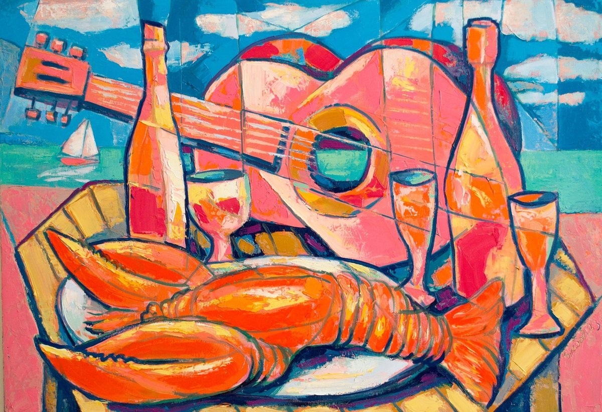 Expressive Still Life Oil Painting By Rumen Sazdov, 39 X 28", Cheerful Summer Sunday, Original Artwork