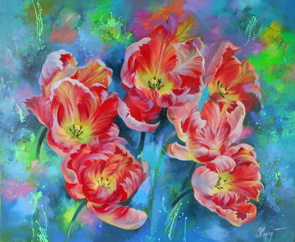 Tulips/60x50cm/Original oil on canvas/Free Shipping by Kolodyazhniy Sergey