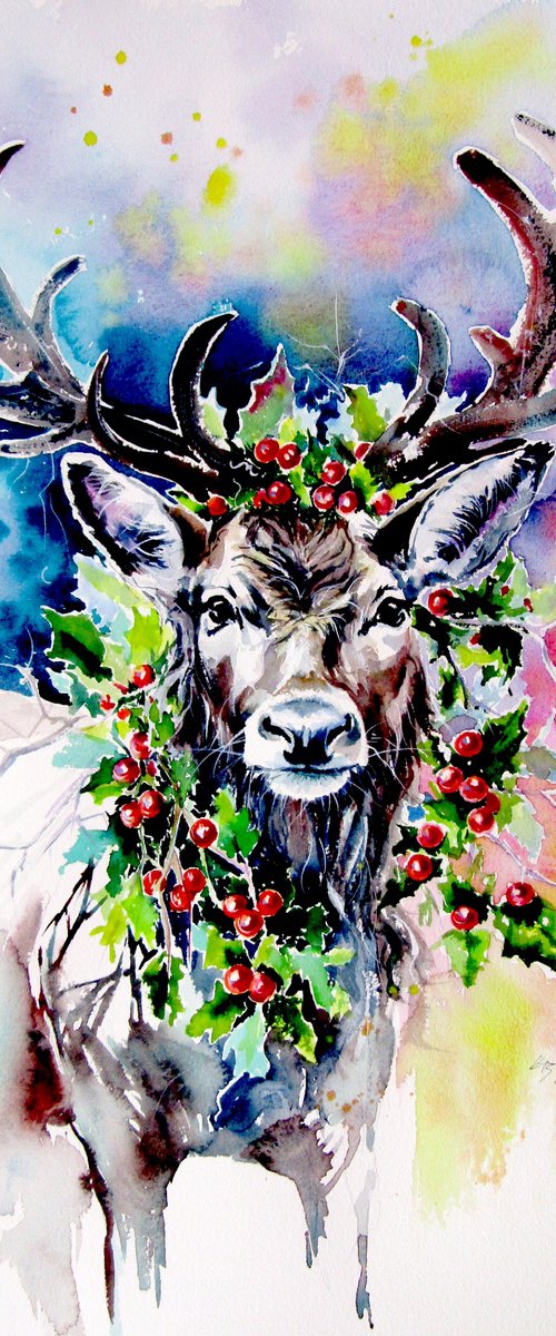 Deer with holly branch by Kovács Anna Brigitta